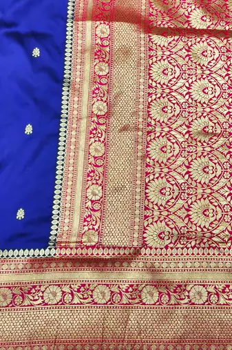 navy blue zari woven banarasi silk blend traditional saree with blouse piece