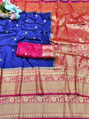 navy blue zari woven banarasi silk blend traditional saree with blouse piece 5