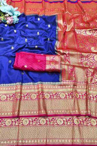 navy blue zari woven banarasi silk blend traditional saree with blouse piece