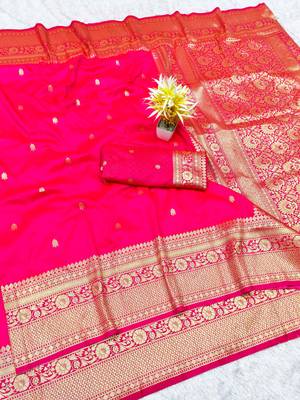 pink zari woven banarasi silk blend traditional saree with blouse piece 1