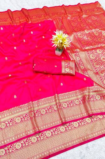 pink zari woven banarasi silk blend traditional saree with blouse piece