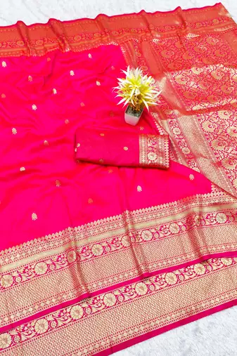 pink zari woven banarasi silk blend traditional saree with blouse piece