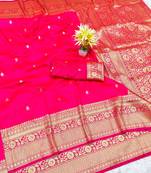 pink zari woven banarasi silk blend traditional saree with blouse piece