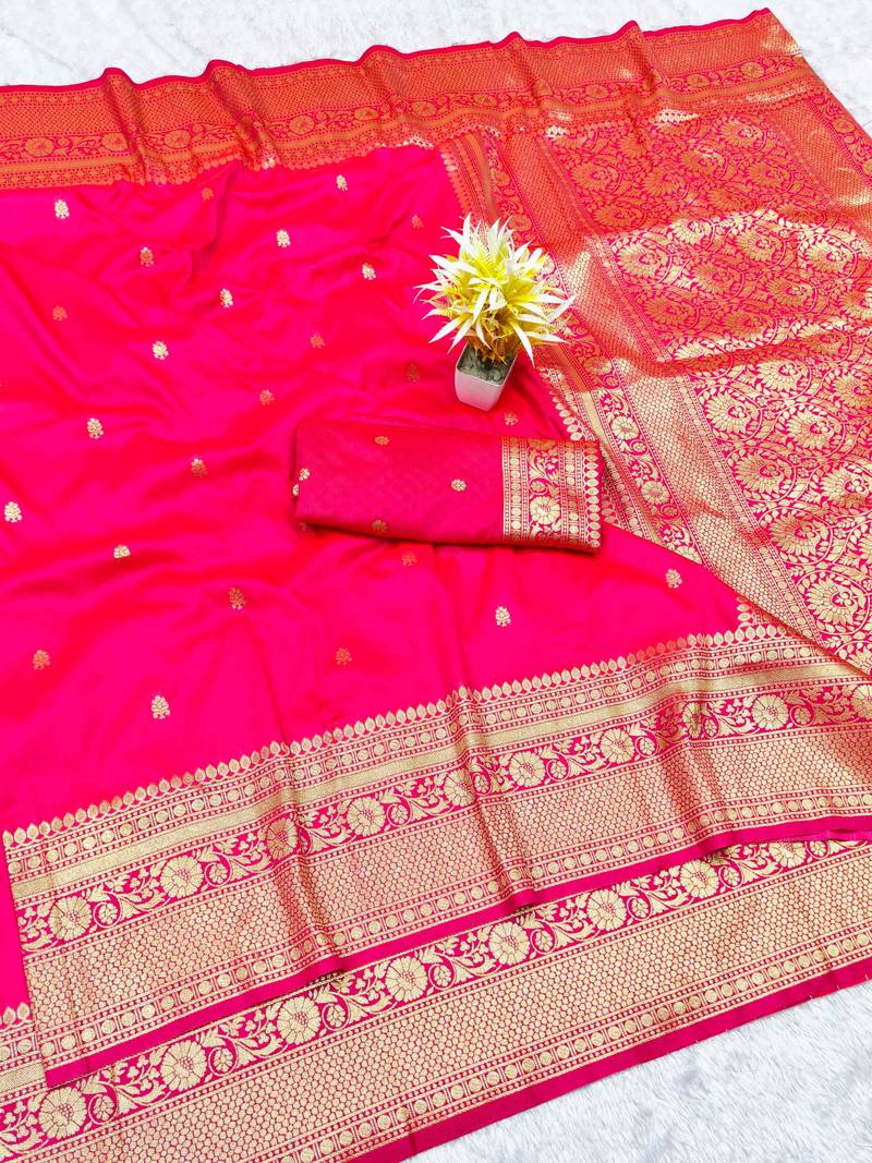 pink zari woven banarasi silk blend traditional saree with blouse piece