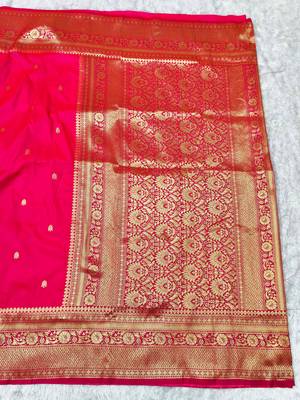 pink zari woven banarasi silk blend traditional saree with blouse piece 2