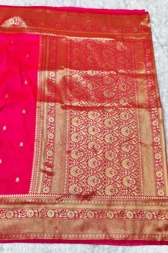 pink zari woven banarasi silk blend traditional saree with blouse piece