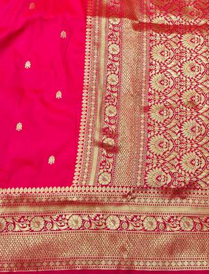 pink zari woven banarasi silk blend traditional saree with blouse piece 3