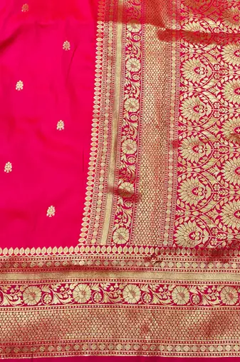 pink zari woven banarasi silk blend traditional saree with blouse piece