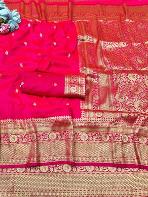 pink zari woven banarasi silk blend traditional saree with blouse piece 5