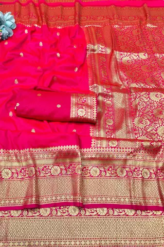 pink zari woven banarasi silk blend traditional saree with blouse piece