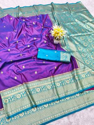 purple zari woven banarasi silk blend traditional saree with blouse piece 1