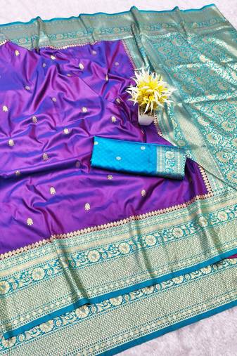 purple zari woven banarasi silk blend traditional saree with blouse piece