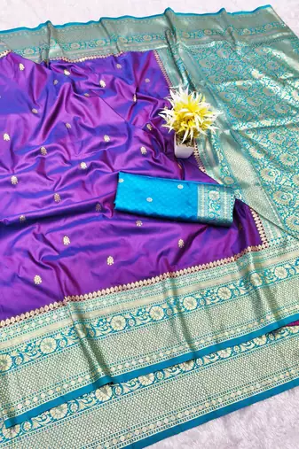 purple zari woven banarasi silk blend traditional saree with blouse piece