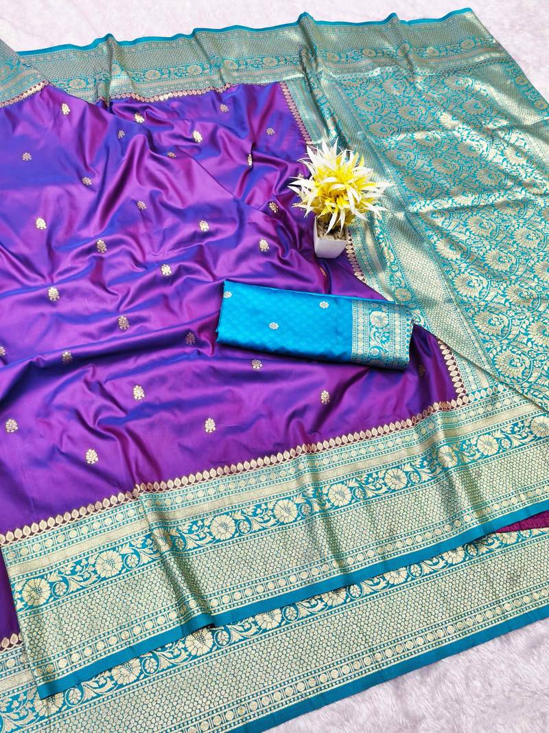 purple zari woven banarasi silk blend traditional saree with blouse piece