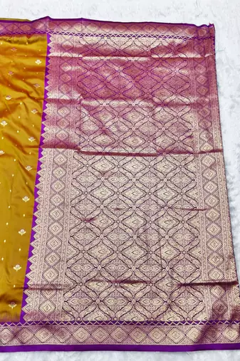 mehendi zari woven banarasi silk blend traditional saree with blouse piece