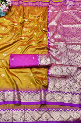 mehendi zari woven banarasi silk blend traditional saree with blouse piece