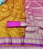 mehendi zari woven banarasi silk blend traditional saree with blouse piece