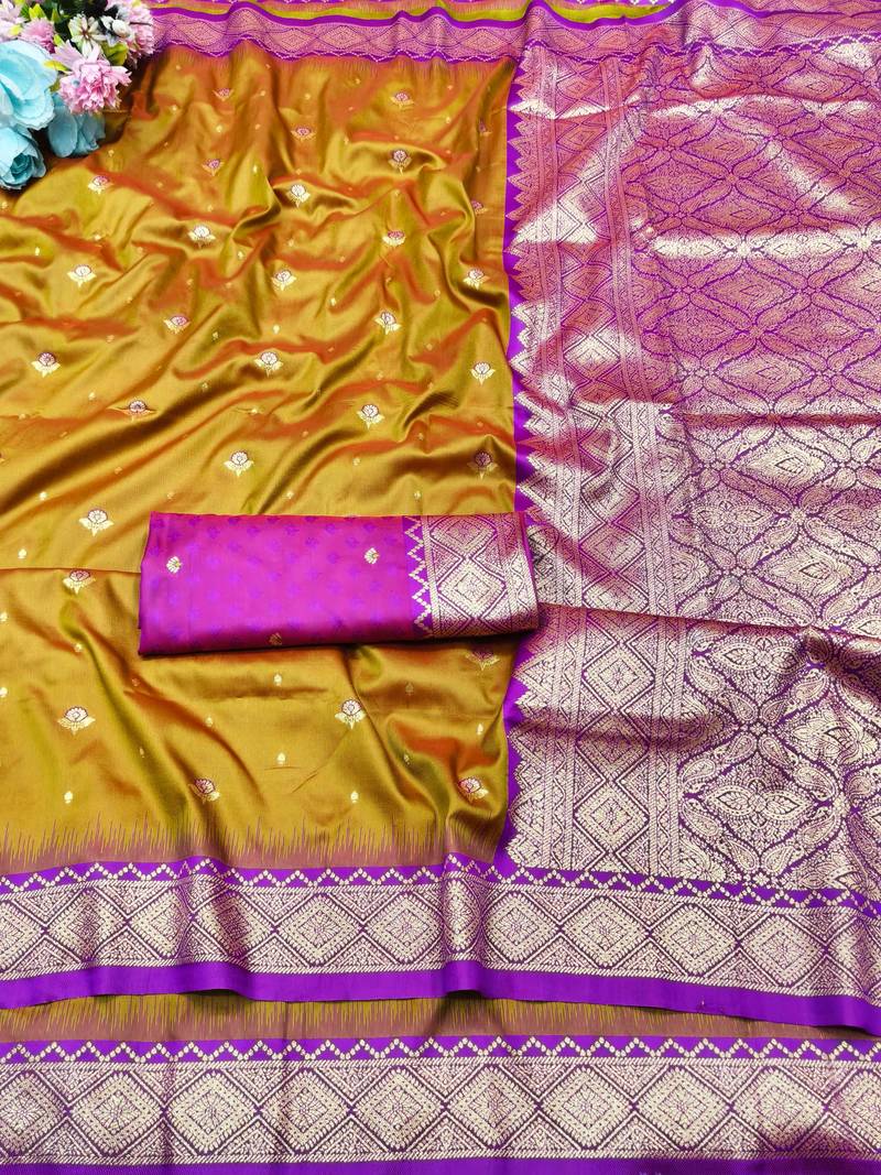 mehendi zari woven banarasi silk blend traditional saree with blouse piece