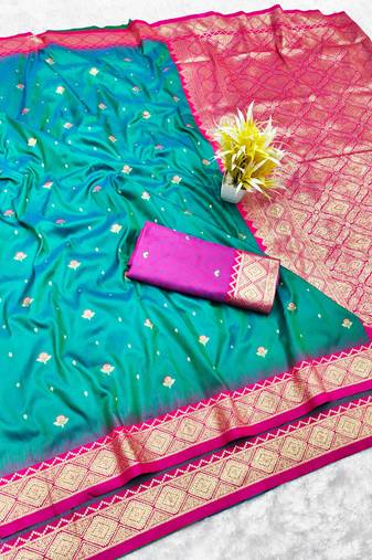 rama zari woven banarasi silk blend traditional saree with blouse piece