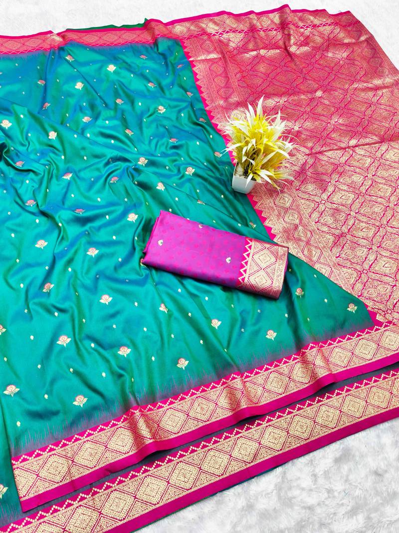 rama zari woven banarasi silk blend traditional saree with blouse piece