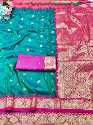 rama zari woven banarasi silk blend traditional saree with blouse piece 5