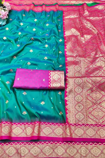 rama zari woven banarasi silk blend traditional saree with blouse piece