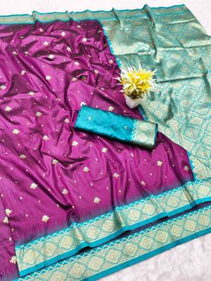wine zari woven banarasi silk blend traditional saree with blouse piece 1