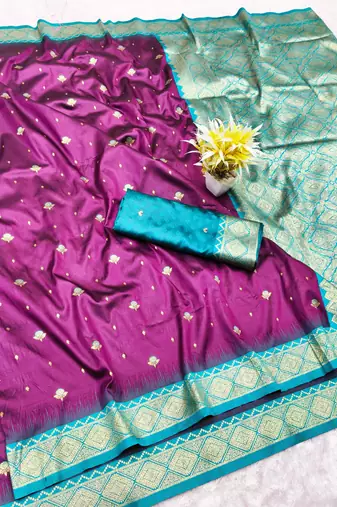 wine zari woven banarasi silk blend traditional saree with blouse piece