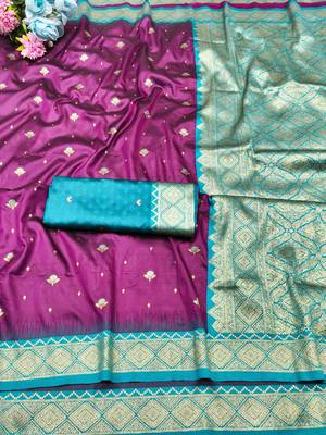 wine zari woven banarasi silk blend traditional saree with blouse piece 5