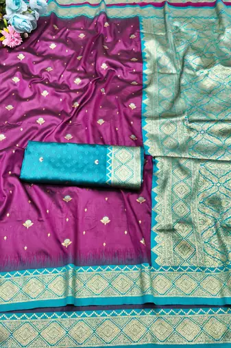 wine zari woven banarasi silk blend traditional saree with blouse piece