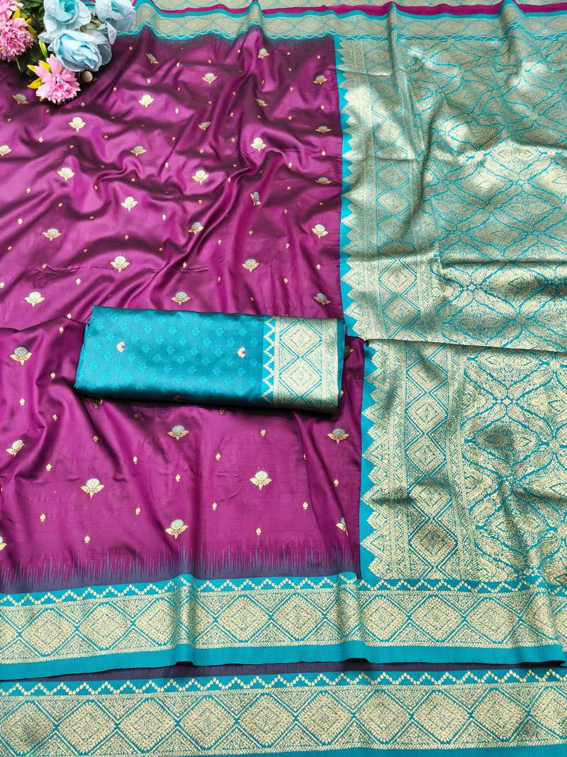 wine zari woven banarasi silk blend traditional saree with blouse piece
