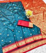firozi zari woven banarasi silk blend traditional saree with blouse piece