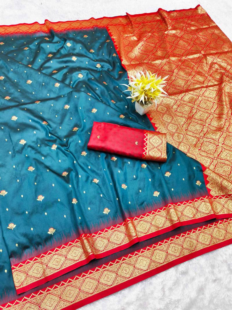firozi zari woven banarasi silk blend traditional saree with blouse piece