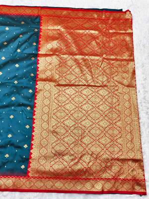 firozi zari woven banarasi silk blend traditional saree with blouse piece 2