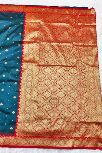 firozi zari woven banarasi silk blend traditional saree with blouse piece