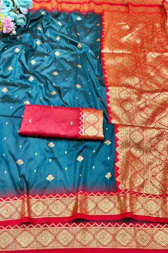 firozi zari woven banarasi silk blend traditional saree with blouse piece