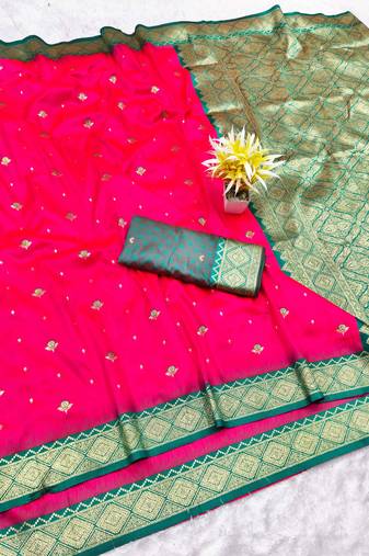 pink zari woven banarasi silk blend traditional saree with blouse piece