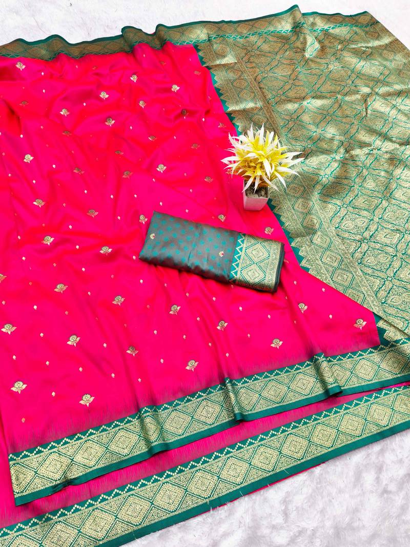 pink zari woven banarasi silk blend traditional saree with blouse piece