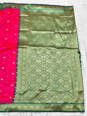 pink zari woven banarasi silk blend traditional saree with blouse piece 2