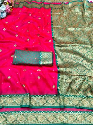 pink zari woven banarasi silk blend traditional saree with blouse piece 5