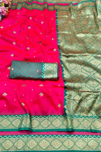 pink zari woven banarasi silk blend traditional saree with blouse piece