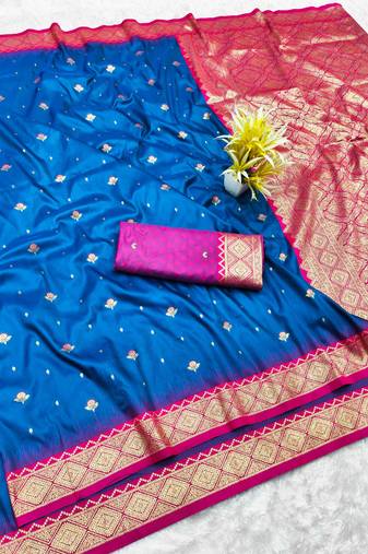 navy blue zari woven banarasi silk blend traditional saree with blouse piece