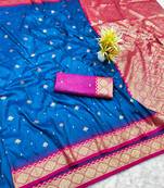 navy blue zari woven banarasi silk blend traditional saree with blouse piece