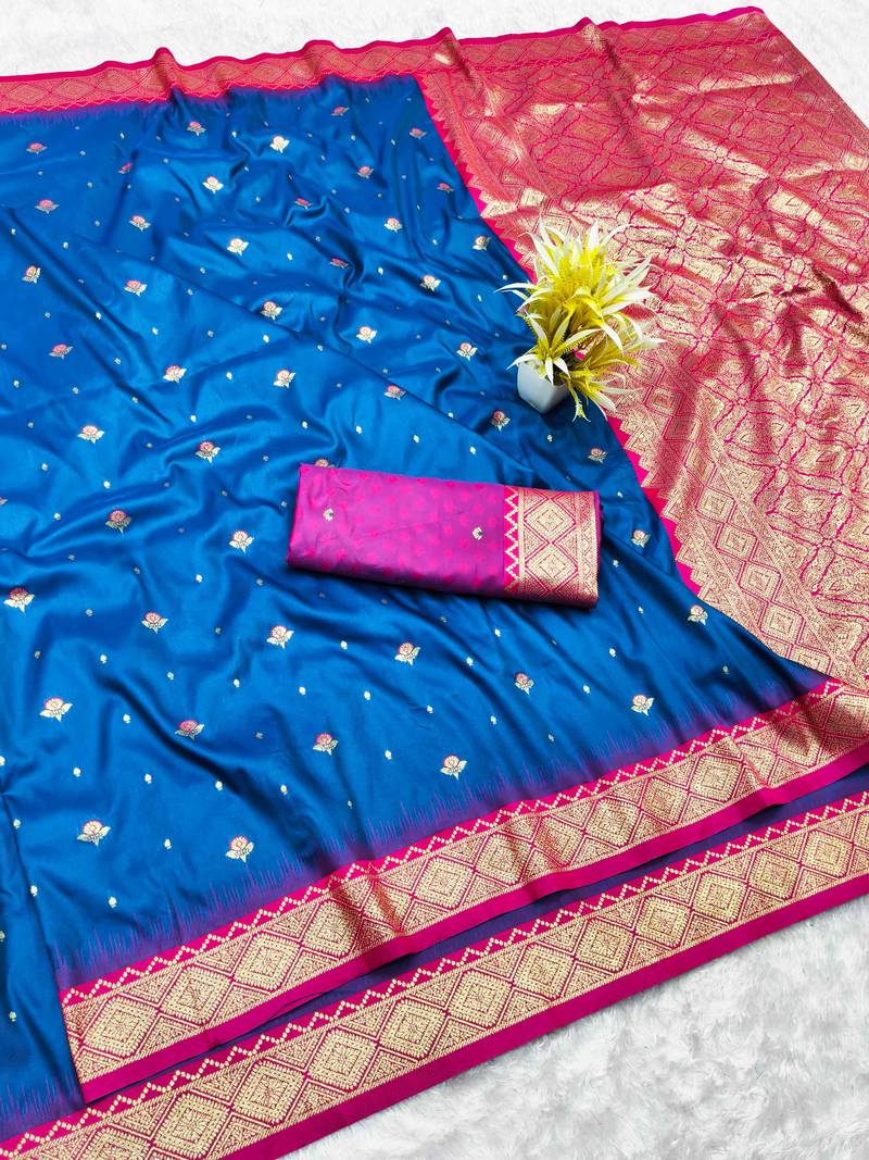 navy blue zari woven banarasi silk blend traditional saree with blouse piece