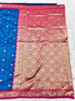 navy blue zari woven banarasi silk blend traditional saree with blouse piece 2