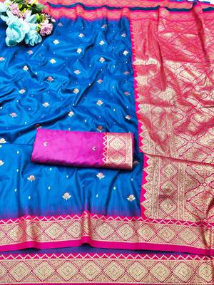 navy blue zari woven banarasi silk blend traditional saree with blouse piece 5