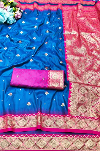 navy blue zari woven banarasi silk blend traditional saree with blouse piece