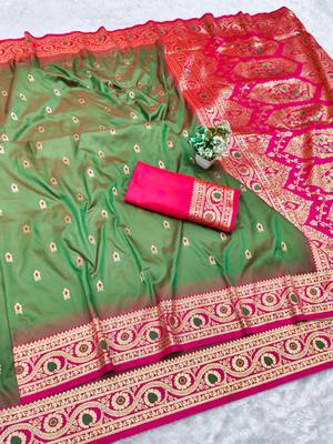 mehendi zari woven banarasi silk blend traditional saree with blouse piece 1