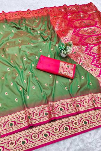 mehendi zari woven banarasi silk blend traditional saree with blouse piece