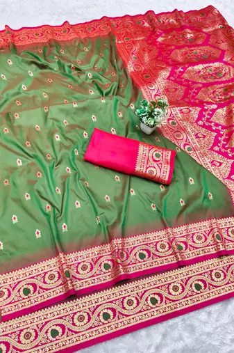 mehendi zari woven banarasi silk blend traditional saree with blouse piece